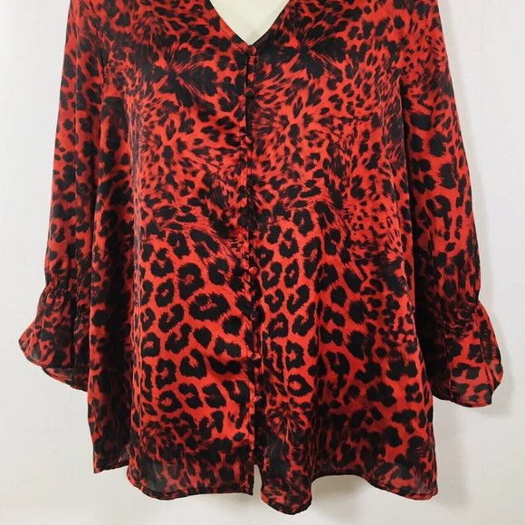 Zac & Rachel Womens Satin Blouse Sz P/ L Red Cheetah Print Covered Buttons - Picture 1 of 7